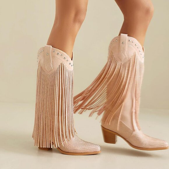 Pink Rhinestone Fringe Cowgirl Boots Women Pointed Toe Western Mid Calf Shoes - Picture 5 of 6
